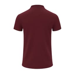 A burgundy polo shirt featuring a classic design with short sleeves and a collar, displaying a logo on the side.