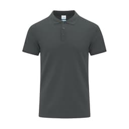 A charcoal grey polo shirt featuring a classic collar and three-button placket, with a logo on the chest.