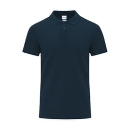 A navy polo shirt with a classic collar, featuring a logo on the label and three buttons at the neckline.