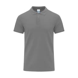 A grey polo shirt featuring a classic collar, three buttons, and a branding label.