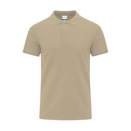 A beige polo shirt with a collar and three buttons, featuring a logo on the neckline.