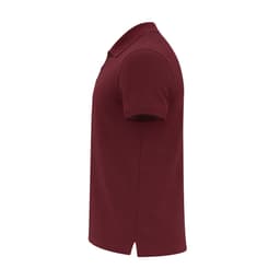 A maroon polo shirt with short sleeves and a classic collar, featuring a subtle logo.