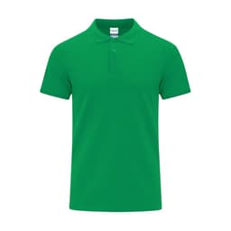 A green polo shirt featuring a collar and three buttons, with a logo on the label.