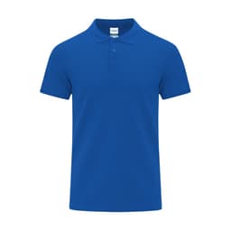 A blue polo shirt with a classic design featuring a collar and three-button placket. It includes a logo on the fabric.