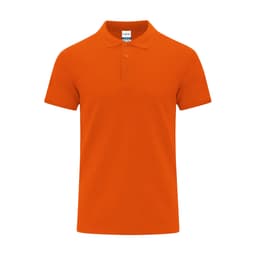 An orange polo shirt with a collared neckline and three buttons, featuring a logo on the label.