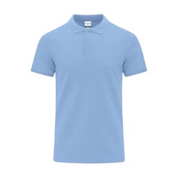 A light blue polo shirt featuring a collar and three buttons, with a logo on the label.