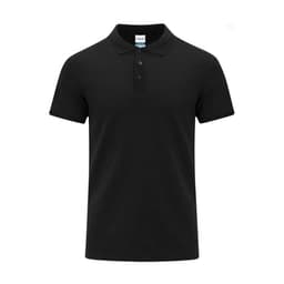 A black polo shirt with a classic collar and three-button placket, featuring a logo on the label.