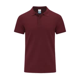 A maroon polo shirt featuring a collar, short sleeves, and a logo on the label.