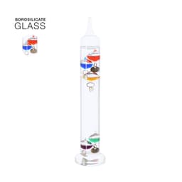 A Galileo thermometer made of borosilicate glass, featuring colourful liquid-filled bulbs and decorative weights.