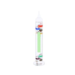 A Galileo thermometer in a tall, clear tube featuring multiple coloured liquid bulbs and a white top.