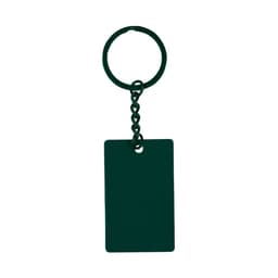 A dark green keyring featuring a rectangular tag, attached with a chain link.