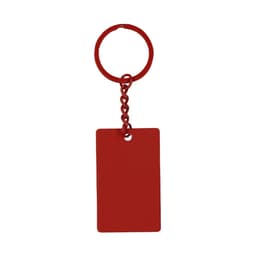 A red keyring with a rectangular tag and a chain attachment. It features a loop for key attachment.