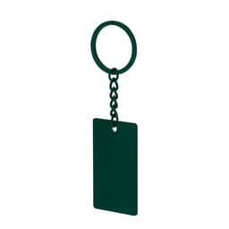 A dark green keyring with a rectangular tag and chain link attachment. It has a circular ring for holding keys.