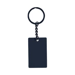 A black keyring featuring a rectangular tag and a chain link connection. It has a simple design and includes a logo.