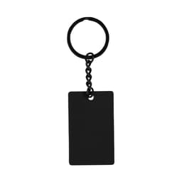 A black keyring featuring a rectangular tag with a chain link attachment. The design is simple and sleek.