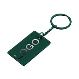 A green keyring featuring a rectangular tag and a twisted chain, with a logo on the surface.
