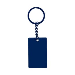A dark blue keyring with a flat rectangular tag and a linked chain for attachment.