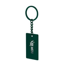 A dark green keyring with a rectangular tag attached by a chain. The keyring features a logo.