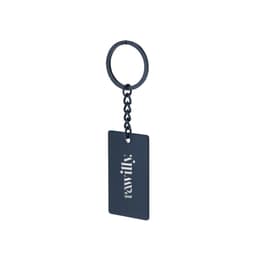 A navy keyring with a rectangular tag attached by a chain and featuring a logo.