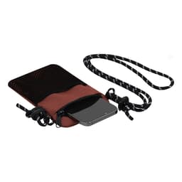 A brown Veltox bag with a black mesh pocket and an adjustable strap, holding a smartphone inside.