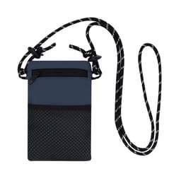 A navy blue bag with a textured black bottom, featuring a zippered pocket and a patterned strap.