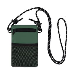 A green Veltox bag with a mesh pocket and a black patterned strap for wearing. Features a zippered compartment.