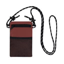 A maroon bag with a black mesh bottom and a black strap, featuring a zippered pocket and a branded logo.