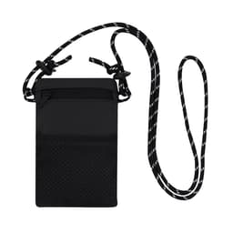 A black pouch bag with a drawstring strap and a zippered pocket, featuring a textured surface.