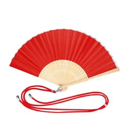 A red handheld fan with a beige base and matching strap, featuring a typical folding design.