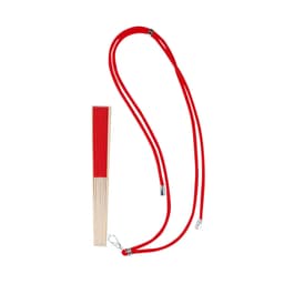 A handheld fan with a red cord and wooden frame, featuring a logo on the frame.