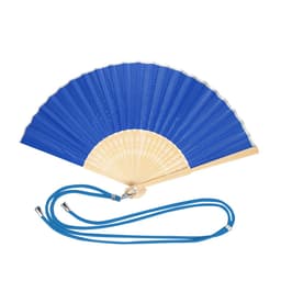 A blue handheld fan with a cream base and attached blue cord for easy carrying.