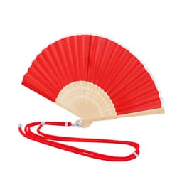 A red handheld fan with a cream handle and white accents, featuring a red cord for easy carrying.