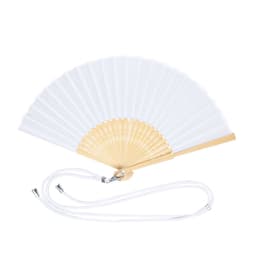 A handheld fan in white with a wooden frame and a white strap. It features a simple design with an attached lanyard.