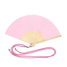 A pink handheld fan with a wooden base and a matching pink strap for easy carrying.