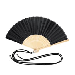 A black handheld fan with a wooden handle and a string for carrying. It features a logo on the handle.