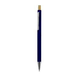 A wooden pen with a blue barrel and chrome accents, featuring a clip and bamboo detail at the top.