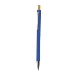 A blue wooden pen with a silver clip and a natural wood accent at the top. It features a logo.