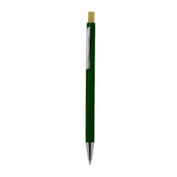 A green wooden pen with a silver clip and a natural wood tip. It features a branding logo.