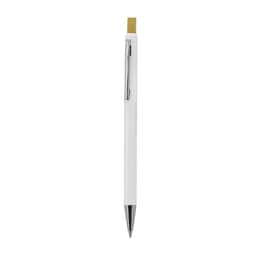 A wooden pen with a white barrel, gold top, and silver clip, featuring a branding logo.