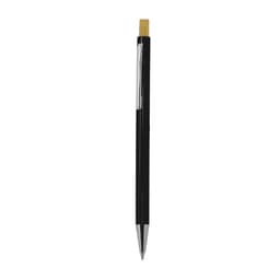 A wooden pen featuring a black barrel and a bamboo top with a silver clip, showcasing a sleek design.