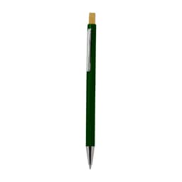 A green wooden pen with a silver clip and a light-coloured wooden tip.