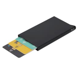 A black cardholder featuring several cards partially visible, showcasing a sleek design and an embedded logo.