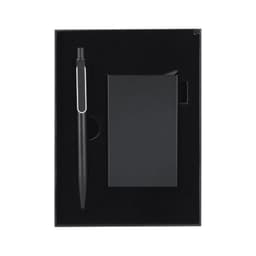 A black pen and a black notepad presented in a sleek black gift box with a logo.
