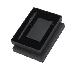 A black pen and notebook set displayed in an elegant black gift box with a logo.