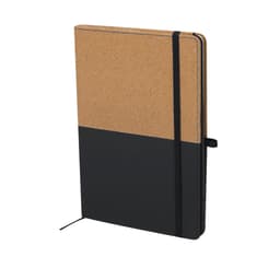 A notebook featuring a cork upper section and a black lower section, complete with an elastic closure and bookmark.