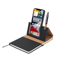 A black notebook with a cork accent, featuring a phone stand and a pen. It includes a plain interior with a ribbon bookmark.