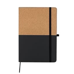 A notebook featuring a cork cover on the top half and black faux leather on the bottom, with an elastic band closure.