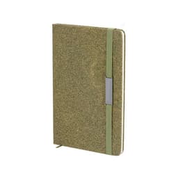 A green notebook with a textured cover, elastic band, and a grey accent. It features a logo on the front.