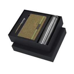 A gift set featuring a stainless steel drink bottle, a green and gold notebook, and a silver pen in a black box.