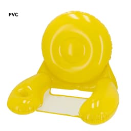 A yellow inflatable armchair made from PVC with a round back and two armrests.